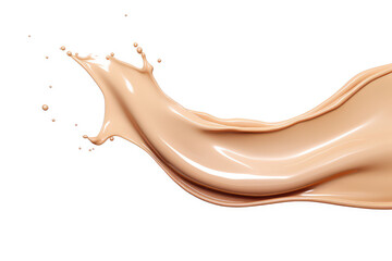 Splash of liquid beige foundation isolated on a white flat background. Beige liquid splash with drops, copy space. Generative AI 3d render illustration imitation.