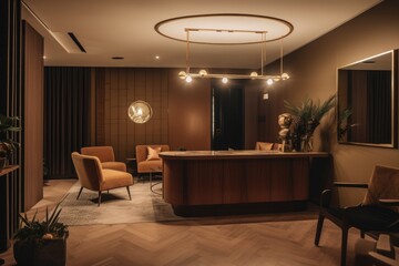 Poster - hotel reception with modern decor, sleek furniture, and warm lighting, created with generative ai