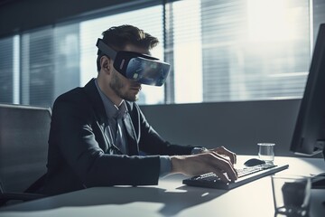 Wall Mural - A person sitting at office and using VR glasses and laptop for working