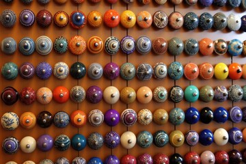 Poster - collection of colorful ceramic door knobs on display, created with generative ai