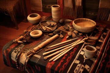 Canvas Print - traditional navajo weaving tools on a table, created with generative ai