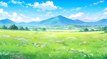Hand drawn cartoon beautiful outdoor meadow forest and mountains scenery illustration
