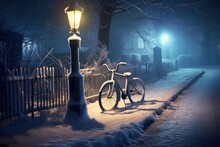 Frosty Bike Locked To A Snowy Lamppost In The Night, Created With Generative Ai