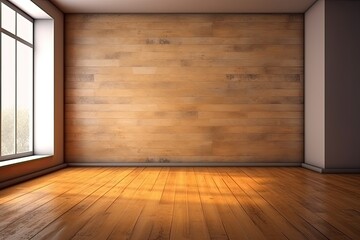 empty wall and wooden floor with interesting with glare from the window. Interior background