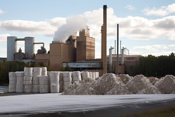 Sticker - pulp and paper mill, with bales of recycled materials in the background, created with generative ai