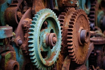 Sticker - detail of corroded farm machinery gears, created with generative ai