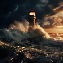 Lighthouse And Stormy Seas At Night, Created Using Generative Ai Technology