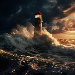 Wall Mural - lighthouse and stormy seas at night, created using generative ai technology