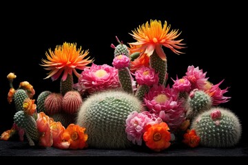 Canvas Print - rare cactus species with vibrant flowers in bloom, created with generative ai