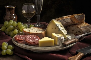 Canvas Print - plate of artisanal cheese and salami, paired with crusty bread, created with generative ai