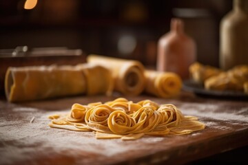 Sticker - close-up of freshly rolled pasta dough on wooden table, created with generative ai