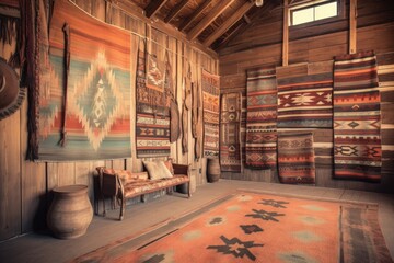 Poster - vintage navajo rug hanging on a rustic wooden wall, created with generative ai