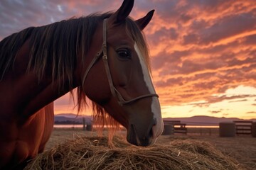 Wall Mural - horse eating hay with sunset in background, created with generative ai