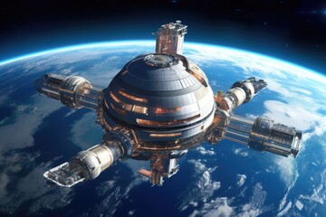 Wall Mural - futuristic space station with earth background, created with generative ai