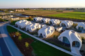 Poster - aerial view of multiple 3d printed homes in a row, created with generative ai