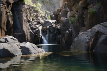 Sticker - waterfall cascading over jagged rocks, forming a peaceful pool, created with generative ai