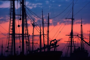 Sticker - silhouette of trawlers mast and rigging against twilight sky, created with generative ai