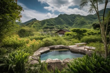 Wall Mural - wellness retreat with hot spring pool, surrounded by greenery and mountains in the background, created with generative ai