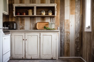 Sticker - worn wood paneling with distressed finish in country kitchen, created with generative ai