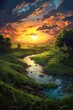 a beautiful sunrise over a green landscape, created with generative ai
