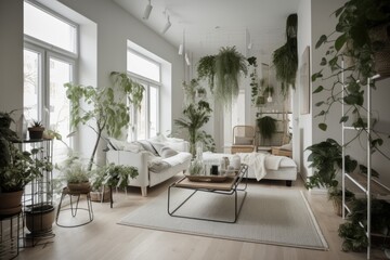 Sticker - a serene interior, with green plants and white accents, creating a tranquil atmosphere, created with generative ai