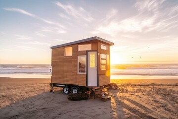 Canvas Print - tiny home on the beach, with waves rolling in and sun shining, created with generative ai