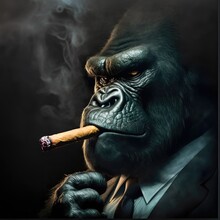 A Gorilla With Black Suit Smoking A Cigar