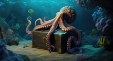 Octopus Guarding Treasure Chest Underwater