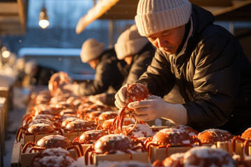 Wall Mural - Alaskan Seafood Bazaar. Lively Crab Market with Fishermen at Sunrise in the United States. Fresh Catch AI Generative.
