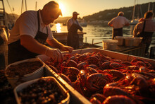 Galician Lobster Fiesta. Vibrant Lobster Market At Dawn In Galicia, Spain. Fresh Catch Concept AI Generative