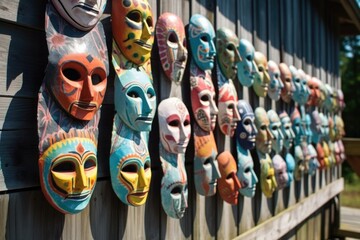 Canvas Print - hand-painted masks drying in the sun, created with generative ai