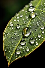 Canvas Print - water droplets on a leaf, macro shot, created with generative ai