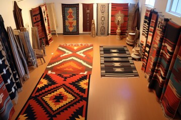 Sticker - aerial view of various completed navajo rugs, created with generative ai