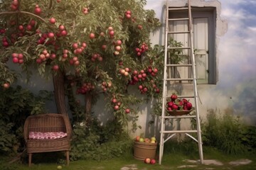 Poster - ladder leaning against apple tree with full basket below, created with generative ai