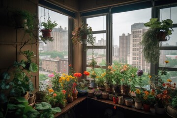 Sticker - a window garden with a view of the city skyline, surrounded by greenery and flowers, created with generative ai