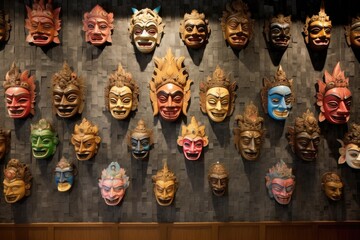 Poster - traditional balinese masks displayed on wall, created with generative ai