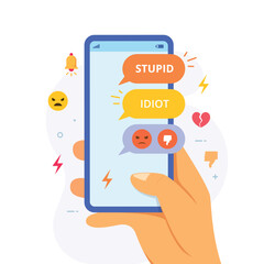 Cyber bullying message in chat. Cyber bully in social media side effect vector illustration