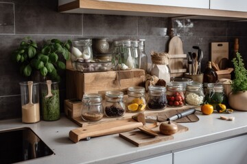 Poster - a zero-waste kitchen, with fresh ingredients and minimal packaging visible, created with generative ai