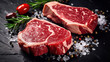 © Gasspoll - Raw marbled beef steaks with salt and spices On a black rustic background. Generative AI