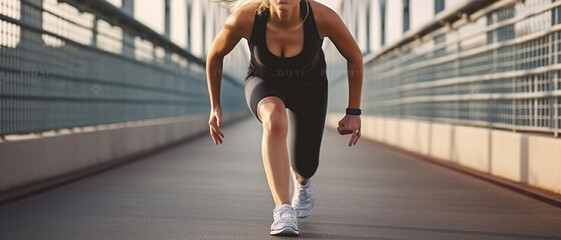 Wall Mural - Rear View, Female runner running outdoor on bridge. Young woman is at start position. Generative AI