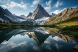 Fototapeta Do przedpokoju - serene lake surrounded by towering mountains, with reflections of the peaks in the water, created with generative ai