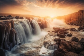 Wall Mural - waterfall, with view of the sunset in the background, creating a magical atmosphere, created with generative ai