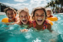 Happy Kids Have Fun In The Outdoor Water Park