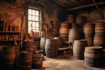 Wall Mural - old barrels stacked in a historic distillery, created with generative ai