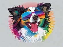 Graphic Tshirt Vector Of A Cute Happy Great Border Collie Dog, Wearing Sunglasses, Detail Design, Colorful, Contour, White Background 8k
