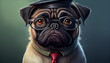 Cute funny pug professor wearing tie and graduation hat. Clever dog illustration Ai generated image