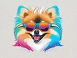 Graphic tshirt vector of a cute happy Great Pomeranian dog, wearing sunglasses, detail design, colorful, contour, white background 8k