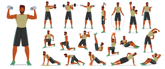 Fit Man Exercises, Demonstrating Strength And Endurance. Male Character Engages In Weightlifting, Push-ups