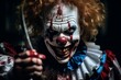 A close-up shot of a creepy clown holding a blood-stained knife, with a chilling smile and sinister eyes, capturing the fear and thrill of Halloween. Generative AI