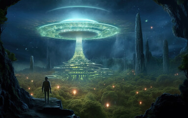 Wall Mural - Alien spacecraft descending on earth,created with generative ai tecnology.